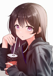 Rule 34 | 1girl, absurdres, black sweater, blush, brown hair, can, closed mouth, commentary request, drink can, drinking straw, highres, holding, holding can, long hair, long sleeves, looking at viewer, nagisa (cxcx5235), original, purple eyes, revision, simple background, sleeves past wrists, soda can, solo, sweater, upper body, white background