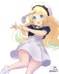 Rule 34 | 1girl, blonde hair, blue eyes, blue sailor collar, dress, fangs, gloves, hat, highres, jervis (kancolle), kantai collection, long hair, mmk, ofuda, one-hour drawing challenge, open mouth, sailor collar, sailor dress, sailor hat, short sleeves, simple background, solo, white background, white dress, white gloves, white hat