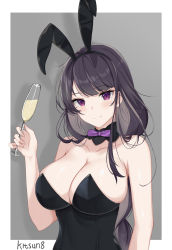 Rule 34 | 1girl, alcohol, armpits, black leotard, blush, bow, bowtie, breasts, cleavage, collarbone, cup, detached collar, drinking glass, genshin impact, highres, holding, holding cup, kitsun8, large breasts, leotard, long hair, looking at viewer, mole, mole under eye, playboy bunny, purple bow, purple bowtie, purple eyes, rabbit, raiden shogun, smile, strapless, wine, wine glass