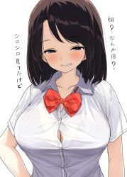 Rule 34 | 1girl, blush, bow, bowtie, bra, bra visible through clothes, breasts, brown hair, bursting breasts, cleavage, collarbone, collared shirt, commentary request, embarrassed, grin, kaisen chuui, large breasts, long hair, original, purple eyes, red bow, red bowtie, see-through, shirt, short sleeves, smile, solo, unbuttoned, unbuttoned shirt, underwear, upper body, white background, white shirt, wing collar