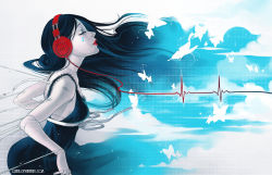 Rule 34 | 1girl, android, black hair, blue eyes, bug, butterfly, cardiogram, doll joints, dress, closed eyes, headphones, heartbeat, bug, joints, lips, lipstick, long hair, makeup, musical note, original, pale skin, profile, qinni, solo, tattoo, waveform