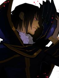 Rule 34 | 1boy, absurdres, annoyed, ascot, brown hair, cloak, closed mouth, code geass, geass, gold trim, hand up, helmet, high collar, highres, holding, holding helmet, isaacchief300, lelouch vi britannia, long sleeves, looking at viewer, mystical high collar, nose, paint splatter, pink eyes, removing helmet, short hair, sideways glance, simple background, solo, straight hair, upper body, white ascot