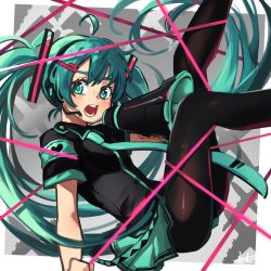 Rule 34 | 1girl, ahoge, armband, belt, blue eyes, blue hair, blush, clenched hand, collared shirt, hair ornament, hairclip, hatsune miku, hayato noda, headphones, headset, highres, holding, holding megaphone, koi wa sensou (vocaloid), legs up, long hair, megaphone, necktie, open mouth, pantyhose, shirt, short sleeves, shouting, skirt, solo, tie clip, twintails, v arms, very long hair, vocaloid