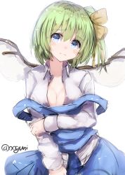 Rule 34 | 1girl, blue eyes, blush, breasts, cleavage, colorized, daiyousei, fairy wings, green hair, hair ornament, hair ribbon, head tilt, long sleeves, looking at viewer, looking to the side, off shoulder, ribbon, shirt, short hair, side ponytail, simple background, sketch, skirt, skirt set, solo, touhou, twitter username, vest, white background, wings, wowoguni