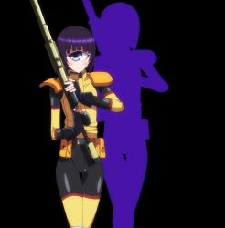 Rule 34 | 10s, 1girl, blue eyes, cyclops, gun, highres, manako, monster girl, monster musume no iru nichijou, one-eyed, purple hair, rifle, short hair, simple background, solo, standing, stitched, third-party edit, uniform, weapon