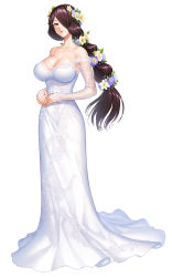 Rule 34 | 1girl, breasts, bride, brown hair, cleavage, dress, full body, fuuma saika, hair over one eye, highres, huge breasts, jewelry, lilith-soft, multi-tied hair, necklace, nipples, official art, red eyes, see-through, simple background, smile, solo, standing, tagme, taimanin (series), taimanin asagi, taimanin asagi kessen arena, taimanin rpgx, wedding dress, white background, zol