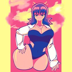 Rule 34 | 1girl, animated, animated gif, breasts, cdlum, creatures (company), game freak, hand on own hip, lab coat, large breasts, looking at viewer, nintendo, one-piece swimsuit, philena ivy, pokemon, pokemon (anime), pokemon (classic anime), purple hair, shiny skin, sky, smile, solo, swimsuit, wide hips