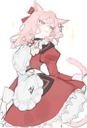 Rule 34 | 1girl, absurdres, animal ears, apron, cat ears, cat girl, cat tail, chyoel, dress, final fantasy, final fantasy xiv, head tilt, heart apron, highres, juliet sleeves, long sleeves, looking to the side, miqo&#039;te, parted lips, pink eyes, pocket watch, puffy sleeves, red dress, solo, square enix, tail, warrior of light (ff14), watch, white apron