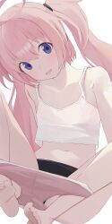 Rule 34 | 1girl, ahoge, barefoot, black panties, blue eyes, camisole, clothes pull, collarbone, highres, hiroki (yyqw7151), long hair, looking at viewer, milim nava, navel, panties, pink hair, pink shorts, shorts, shorts pull, simple background, sitting, solo, tensei shitara slime datta ken, toes, twintails, underwear, white background, white camisole