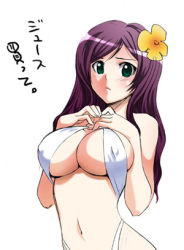Rule 34 | 1girl, bikini, breast suppress, breasts, cleavage, covered erect nipples, criss-cross halter, flower, frown, green eyes, hair flower, hair ornament, halterneck, inue shinsuke, large breasts, lowres, navel, purple hair, simple background, slingshot swimsuit, solo, swimsuit, translated, upper body, white background