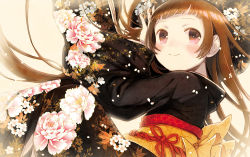 Rule 34 | 1girl, blush, brown eyes, brown hair, floral print, from above, hime cut, japanese clothes, kimono, long hair, lying, okari, on side, original, smile, solo