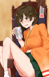 Rule 34 | 10s, 1girl, beer can, blush, breasts, can, drink can, drunk, gradient background, hiryuu (kancolle), japanese clothes, kantai collection, poco (backboa), short hair, skirt, smile, solo