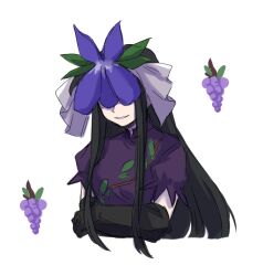 Rule 34 | 1girl, black gloves, black hair, china dress, chinese clothes, covered eyes, dress, elbow gloves, ellie (jiazhoufuren), flower, food, fruit, gloves, grapes, long hair, purple dress, purple flower, short sleeves, sidelocks, simple background, smile, solo, touhou, unfinished dream of all living ghost, upper body, vine print, white background, yomotsu hisami