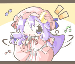 Rule 34 | 1girl, ;d, aoblue, beamed quavers, chibi, dancing, female focus, happy, hat, letterboxed, long hair, microphone, music, musical note, one eye closed, open mouth, patchouli knowledge, purple eyes, purple hair, quaver, ribbon, singing, smile, solo, touhou, wink