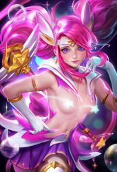 Rule 34 | 1girl, alternate costume, alternate hairstyle, armlet, breasts, censored, circlet, dissolving clothes, gradient background, league of legends, looking at viewer, lux (league of legends), magical girl, navel, pink hair, sakimichan, solo, staff, star guardian (league of legends), star guardian lux, third-party edit, upper body