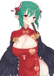 Rule 34 | 1girl, absurdres, black feathers, black wings, blush, breasts, china dress, chinese clothes, claws, cleavage, cleavage cutout, clothing cutout, commentary, double bun, dress, english commentary, feathers, garter straps, green hair, hair bun, harpy, highres, hzhc, indie virtual youtuber, large breasts, lincoro, mole, mole under eye, monster girl, pointy ears, red dress, red eyes, short hair, solo, thighhighs, tiara, virtual youtuber, white thighhighs, winged arms, wings
