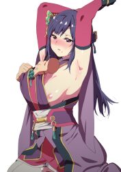 Rule 34 | 1girl, armpits, arms up, blush, breasts, breasts out, butterfly hair ornament, detached sleeves, eyelashes, hahawaho, hair ornament, japanese clothes, kimono, kimono pull, kneeling, lips, lipstick, long bangs, long hair, makeup, medium breasts, mole, mole under mouth, nipples, nouhime, nouhime (sengoku musou), obi, purple eyes, purple hair, sash, sengoku musou, shiny skin, swept bangs, thighhighs, thighs, white thighhighs