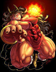Rule 34 | 1girl, abs, attack, big hair, boots, bracelet, breasts, brown hair, chinese clothes, dudou, eyeshadow, glowing, glowing hand, highres, horns, jewelry, large breasts, long hair, makeup, messy hair, multicolored eyes, muscular, nail polish, oboro muramasa, oni, pointy ears, punching, rajaki (oboro muramasa), solo, thick thighs, thighs, vanillaware, zunta