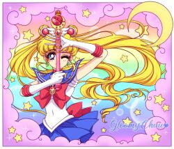 Rule 34 | bishoujo senshi sailor moon, blonde hair, closed eye, cutie moon rod, moon, mroczniak (gloomy chuu), rainbow background, sailor moon