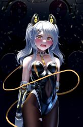 Rule 34 | 1girl, absurdres, anger vein, animal ears, arm behind back, asymmetrical bangs, bare arms, bare shoulders, black collar, black leotard, blush, breasts, collar, covered navel, english text, fake animal ears, fang, grey hair, hair ornament, hairclip, headgear, highres, joints, karenina: scire (punishing: gray raven), karenina (punishing: gray raven), leotard, manjo (warito), mechanical arms, open mouth, orange eyes, pantyhose, punishing: gray raven, robot joints, sidelocks, small breasts, solo, torn clothes, torn pantyhose, twintails