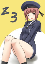 Rule 34 | 10s, 1girl, beret, blush, brown eyes, brown hair, clothes writing, covering privates, covering crotch, fuuma nagi, hat, kantai collection, military, military uniform, sailor collar, sailor collared, sailor hat, short hair, sitting, solo, sweatdrop, uniform, z3 max schultz (kancolle)