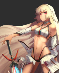 Rule 34 | 1girl, absurdres, altera (fate), artist request, bare shoulders, black background, black nails, blunt bangs, breasts, choker, closed mouth, collarbone, commentary request, dark-skinned female, dark skin, detached sleeves, expressionless, fate/grand order, fate (series), fingernails, full-body tattoo, headdress, highres, hip focus, holding, holding sword, holding weapon, jdw, jewelry, legs, midriff, nail polish, navel, photon ray (fate), pubic tattoo, red eyes, revealing clothes, showgirl skirt, simple background, skirt, small breasts, solo, standing, stomach, stomach tattoo, sword, tattoo, thighs, veil, weapon, white hair, white skirt