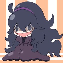 Rule 34 | 1girl, @ @, asairosora, blush, blush stickers, breasts, chibi, creatures (company), dress, female focus, full body, game freak, hair between eyes, hairband, hands up, happy, hex maniac (pokemon), long hair, messy hair, nintendo, open mouth, orange background, pokemon, pokemon xy, purple dress, purple eyes, purple hair, purple hairband, shaded face, sidelocks, sitting, sleeves past fingers, sleeves past wrists, small breasts, smile, solo, striped, striped background, very long hair