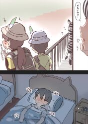Rule 34 | 1boy, 2girls, puff of air, animal ears, backpack, bag, bed, black hair, blush, brown hair, closed mouth, comic, day, furrowed brow, hat, head on pillow, highres, indoors, kemono friends, long hair, low ponytail, lying, multicolored hair, multiple girls, nose blush, on back, on bed, outdoors, parted lips, pillow, plains zebra (kemono friends), shirt, short hair, sigh, sweat, t-shirt, tail, tanaka kusao, translated, two-tone hair, under covers, very long hair, walking, white hair, zebra ears, zebra girl, zebra tail