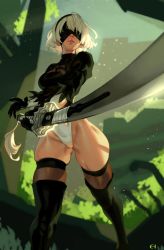 Rule 34 | 1girl, 2b (nier:automata), black blindfold, black gloves, black hairband, blindfold, boots, breasts, cleavage cutout, clothing cutout, covered eyes, curvy, eigaka, feather-trimmed sleeves, fighting stance, foreshortening, from below, gloves, hairband, highleg, highleg leotard, highres, holding, holding sword, holding weapon, juliet sleeves, katana, leather, leather boots, leotard, lips, long sleeves, medium breasts, mole, mole under mouth, narrow waist, nier:automata, nier (series), no pants, post-apocalypse, puffy short sleeves, puffy sleeves, see-through, see-through legwear, shiny skin, short hair, short sleeves, skindentation, solo, standing, sword, thick thighs, thigh boots, thighhighs, thighhighs under boots, thighs, thong leotard, virtuous contract, weapon, white hair, white leotard, wide hips