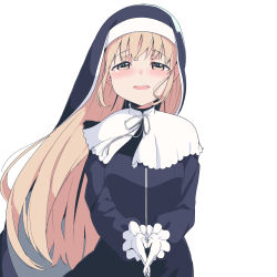 Rule 34 | 1girl, blonde hair, capelet, gloves, habit, long hair, nijisanji, nun, open mouth, purin a la mode (popup), sister claire, sister claire (1st costume), smile, solo, traditional nun, upper body, virtual youtuber, white gloves, yellow eyes