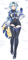 Rule 34 | 1girl, :o, absurdres, bed sheet, black gloves, black thighhighs, blue hair, blue necktie, bodystocking, boots, breasts, cape, character name, dakimakura (medium), dated, eula (genshin impact), full body, genshin impact, gloves, hair ornament, hfp~kubiao, highres, long sleeves, looking at viewer, lying, medium breasts, necktie, on back, open mouth, purple eyes, skindentation, solo, thigh boots, thigh strap, thighhighs, wide sleeves