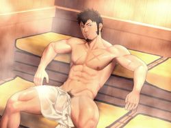 Rule 34 | 1boy, abs, bara, beard, blue eyes, brown hair, facial hair, fate/grand order, fate (series), flaccid, itto (mentaiko), large pectorals, long sideburns, male focus, muscular, napoleon bonaparte (fate), pants, pectorals, penis, pubic hair, scar, short hair, sideburns, sitting, smile, solo, topless male, towel on legs