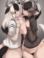 Rule 34 | 2girls, animal ears, ass, asymmetrical docking, between breasts, black eyes, black hair, black wildebeest (kemono friends), blue wildebeest (kemono friends), blush, bottomless, breast press, breasts, brown eyes, brown hair, closed mouth, cowboy shot, extra ears, female pubic hair, groin, hand on own chest, hands up, high ponytail, highres, holding hands, horizontal pupils, horns, huge breasts, interlocked fingers, kemono friends, layered sleeves, light smile, long hair, long sleeves, looking at viewer, multicolored hair, multiple girls, nipples, no bra, open clothes, open shirt, parted bangs, pubic hair, scarf, shibori kasu, shirt, short over long sleeves, short sleeves, tail, twisted torso, white hair