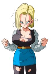 Rule 34 | 1girl, android 18, areola slip, blonde hair, blue eyes, blue skirt, bob cut, breasts, cleavage, closed mouth, cowboy shot, dragon ball, dragonball z, earrings, feet out of frame, female focus, groin, hands up, highres, hoop earrings, jewelry, large breasts, legs, looking at viewer, medium hair, messy hair, no bra, pantyhose, raglan sleeves, serious, simple background, skirt, solo, standing, thighs, torn clothes, transparent background, yamamoto doujin