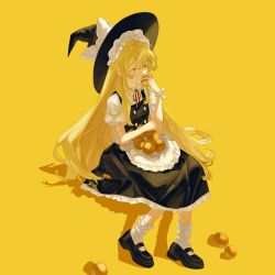 Rule 34 | 1girl, absurdres, apron, arm ribbon, black footwear, black hat, black skirt, black vest, blonde hair, blush, bow, buttons, collared shirt, covering own mouth, fingernails, food, fruit, full body, hair between eyes, hair ribbon, hand up, hat, hat bow, highres, holding, holding food, holding fruit, kirisame marisa, long hair, looking afar, mary janes, neck ribbon, orange (fruit), puffy short sleeves, puffy sleeves, red ribbon, ribbon, shirt, shoes, short sleeves, simple background, skirt, skirt set, socks, solo, touhou, very long hair, vest, waist apron, white apron, white bow, white shirt, white socks, witch hat, yayashikailixiaojietoushangdexingxing, yellow background, yellow eyes