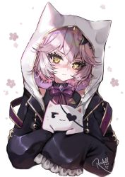 Rule 34 | 1girl, absurdres, animal hood, blush, commentary, cropped torso, english commentary, heart, heart-shaped pupils, highres, hood, hood up, hoodie, long sleeves, looking at viewer, nose blush, nyatasha nyanners, nyatasha nyanners (6th costume), pink hair, rosebell, signature, simple background, sleeves past fingers, sleeves past wrists, solo, stuffed toy, symbol-shaped pupils, virtual youtuber, vshojo, white background, yellow eyes