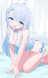 Rule 34 | 1girl, absurdres, ahoge, amatsuka uto, arm support, barefoot, bikini, blue bikini, blue hair, blush, collarbone, commentary, commission, english commentary, full body, hair ornament, hairclip, highres, indie virtual youtuber, leaning forward, long hair, looking at viewer, open mouth, paid reward available, recklessdraw, seiza, side-tie bikini bottom, sitting, solo, swimsuit, toes, two side up, virtual youtuber, wing hair ornament