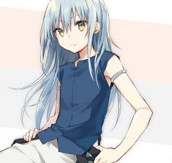 Rule 34 | 1other, androgynous, bangle, blue hair, bracelet, closed mouth, collarbone, hair between eyes, highres, jewelry, long hair, looking at viewer, mikoto kei, rimuru tempest, simple background, sleeveless, solo, tensei shitara slime datta ken