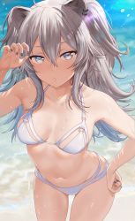 Rule 34 | 1girl, absurdres, alternate breast size, animal ears, bare arms, bare shoulders, bikini, black nails, breasts, collarbone, cowboy shot, day, grey eyes, grey hair, hair between eyes, halterneck, hand on own hip, hand up, highres, hololive, lion ears, long hair, looking at viewer, medium breasts, multi-strapped bikini, nail polish, navel, outdoors, parted lips, seicoh, shishiro botan, solo, stomach, sunlight, swimsuit, thighs, two side up, virtual youtuber, white bikini
