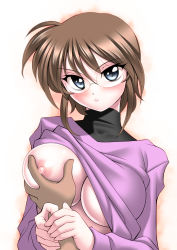 Rule 34 | 1girl, arm grab, assertive female, blue eyes, blush, breasts, brown hair, clothes lift, glasses, grabbing, grabbing another&#039;s breast, grabbing another's breast, guided breast grab, guiding hand, highres, large breasts, long sleeves, looking at viewer, lyrical nanoha, mahou shoujo lyrical nanoha innocent, stern the destructor, nipples, no bra, one breast out, sakura ryuuken, shirt lift, short hair, simple background, solo focus, standing, upper body, white background