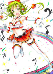 Rule 34 | 1girl, bow, breasts, copyright name, detached sleeves, gloves, goggles, green eyes, green hair, gumi, highres, keepout, large breasts, looking at viewer, matching hair/eyes, miniskirt, navel, running, shoes, short hair with long locks, skirt, smile, solo, soramu, star (symbol), thighhighs, vocaloid, white background, white gloves, white thighhighs, zettai ryouiki