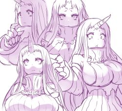 Rule 34 | 1girl, abyssal ship, breasts, claws, detached sleeves, dress, greyscale, horns, kantai collection, large breasts, long hair, monochrome, pink theme, ribbed dress, seaport princess, single horn, solo, sweatdrop, yukinojou yakan