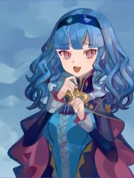 Rule 34 | 1girl, bags under eyes, blue hair, blush, brown eyes, fire emblem, fire emblem: three houses, fire emblem warriors: three hopes, highres, long hair, long sleeves, looking at viewer, marianne von edmund, nintendo, official alternate costume, official alternate hairstyle, open mouth, ruuu ran ran, simple background, smile, solo, upper body