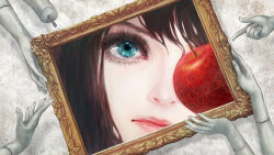 Rule 34 | 1girl, afrostar, apple, blue eyes, close-up, closed mouth, eye focus, eyelashes, food, framed, fruit, hair between eyes, highres, looking at viewer, magata shiki, mannequin, one eye covered, out of frame, picture frame, pointing, red lips, solo, subete ga f ni naru