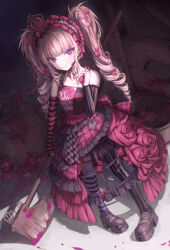 Rule 34 | 1girl, axe, black footwear, blonde hair, blood, blunt bangs, boots, closed mouth, crown, detached sleeves, dress, drill hair, full body, gothic lolita, hair ornament, hairband, highres, holding, holding axe, lolita fashion, looking at viewer, original, osobachan, petticoat, pink blood, pink eyes, purple eyes, red dress, revision, sidelocks, smile, solo, standing, twin drills, twintails