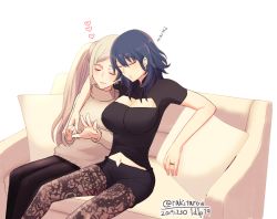 Rule 34 | 2019, 2girls, black shorts, black tank top, blue eyes, blue hair, breasts, brown pants, byleth (female) (fire emblem), byleth (fire emblem), cleavage, cleavage cutout, closed eyes, clothing cutout, commentary request, couch, dated, edelgard von hresvelg, female focus, fire emblem, fire emblem: three houses, grey hair, heart, holding hands, jewelry, large breasts, long sleeves, medium hair, multiple girls, navel, nintendo, pants, pantyhose, parted bangs, pillow, ring, short sleeves, shorts, sidelocks, sleeping, smile, sweater, tan sweater, tank top, turtleneck, turtleneck sweater, twitter username, wedding band, white background, wife and wife, yukiyanagi raki, yuri, zzz