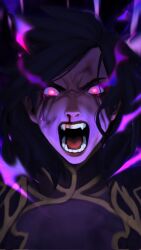 Rule 34 | 1girl, angry, black background, blood, colored sclera, fangs, highres, league of legends, long hair, medium hair, morgana (league of legends), nosebleed, open mouth, pink background, pink eyes, portrait, purple hair, purple sclera, skxtching (veegoesgrr), solo, tears, teeth, tongue