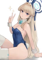 Rule 34 | 1girl, :o, absurdres, animal ears, bare shoulders, blonde hair, blue archive, blue eyes, blue leotard, bow, bowtie, breasts, cleavage, detached collar, earpiece, fake animal ears, halo, highleg, highleg leotard, highres, lamp p9, leotard, long hair, looking at viewer, medium breasts, official alternate costume, playboy bunny, rabbit ears, sitting, solo, strapless, strapless leotard, thighhighs, toki (blue archive), toki (bunny) (blue archive), v, white thighhighs, wrist cuffs