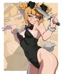 Rule 34 | 1girl, absurdres, alternate costume, animal ears, black bow, black bowtie, blonde hair, blood, blood on face, blunt bangs, boku no hero academia, border, bow, bowtie, breasts, cleavage, commentary, double bun, english commentary, fake animal ears, fang, fur bracelet, hair bun, hands up, highres, holding, holding knife, knife, leotard, medium breasts, playboy bunny, porqueloin, rabbit ears, rabbit tail, shiny skin, smile, tail, toga himiko, white border