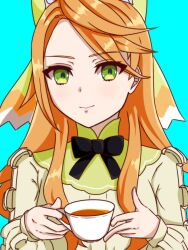 Rule 34 | 1girl, black bow, black bowtie, blue background, bow, bowtie, cup, etie (fire emblem), exam1341 sub, fire emblem, fire emblem engage, green bow, green eyes, green shirt, highres, holding, holding cup, nintendo, orange hair, shirt, solo, swept bangs, teacup
